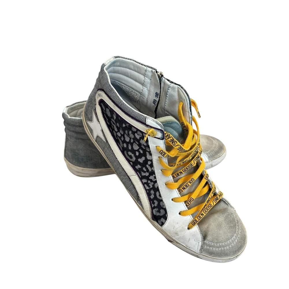 Golden Goose Slide High Top Sneakers Mens 10 Distressed Gray Leopard Denim Italy